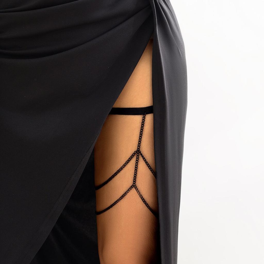 Gothic Boho Black Elastic Band Leg Thigh Chain for Women Summer Vintage Sexy Multilayer Adjustable Body Jewelry Dress Decorate