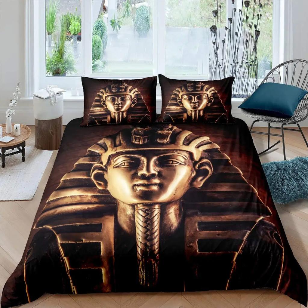 Pharaoh Duvet Cover Queen Ancient Egypt Tribe Comforter Cover Set for Boys Egyptian Pyramids Exotic Style Polyester Bedding Set