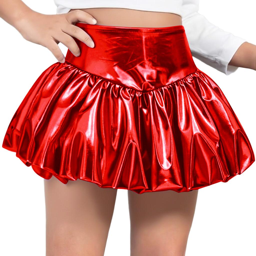 Girls Metallic Bubble Skirt Elastic Waistband Shiny Bud Skirt Sparkly Performance Costume