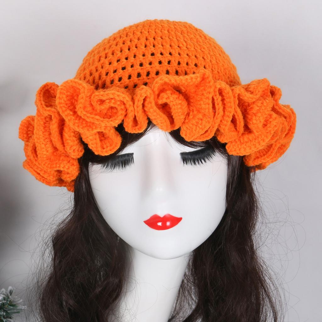 Handmade Crochet Bucket Hat for Woman Teen Outdoor Commute Fisherman Hat Ruffled Brim Winter Windproof Carnival Hat