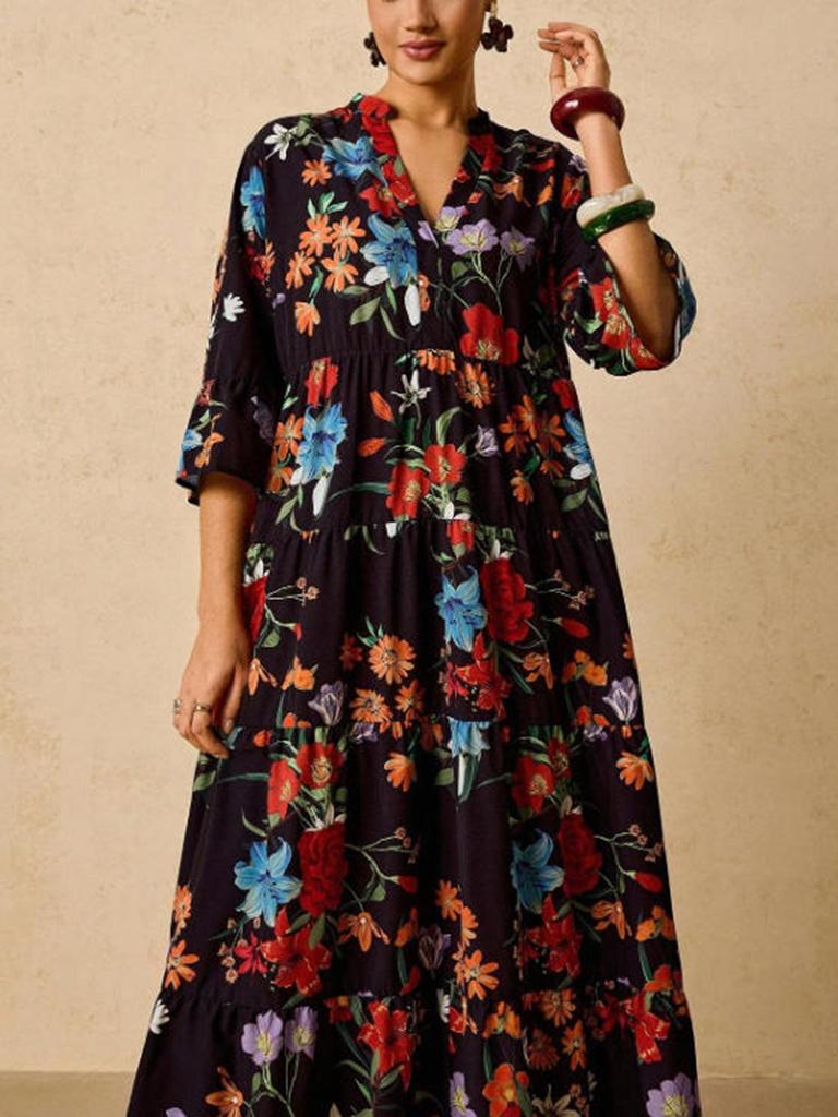 Plus Size Bohemian V-neck Long Dress - Spring/Summer European American Ethnic Style