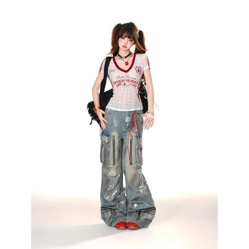 2KWEIRD V-neck Micro Transparent Lace Embroidery T-shirt Women's Short Sleeved Top Y2k Aesthetic Top