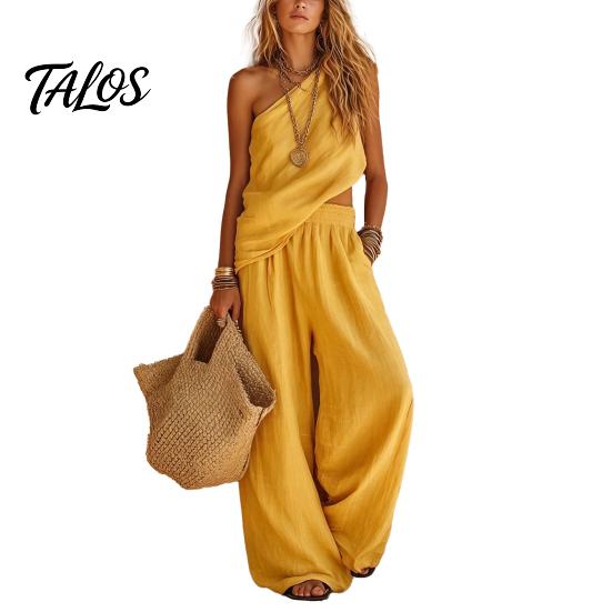 Talos Baumwoll-Leinen 2-teilige Sets für Damen, Ein-Schulter-Ärmelloses Oberteil mit Weitbeiniger Hose Passendes Set, Sommerurlaub Lounge Outfits