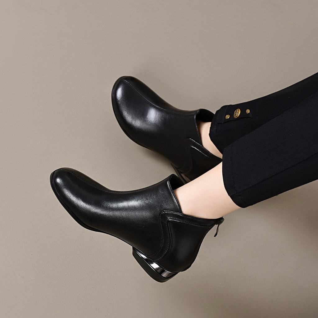 Round head short boots women's autumn and winter new low-heeled rear zipper leather boots simple temperament and thin flat-bottomed cotton boots