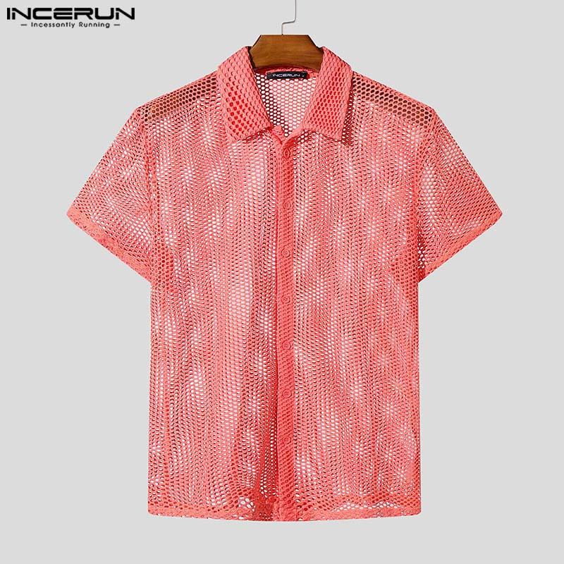 INCERUN Letní pánská trička s klopou, krátkým rukávem a dutým designem na pláž