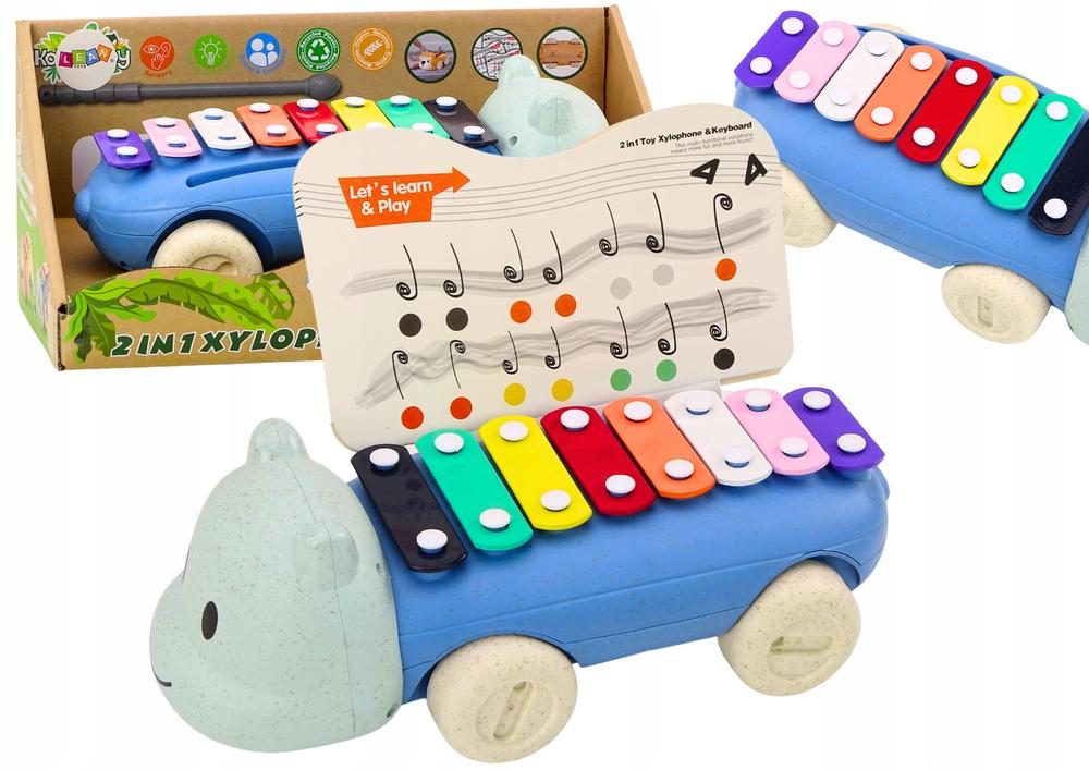 Cymbałki dla dziecka hipopotam na kółkach instrument kolorowe edukacyjne
