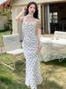 White Polka Dot Bodycon Spaghetti Strap Dress for Women - Summer French Style