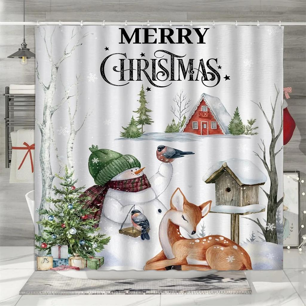 Christmas Shower Curtain, Winter Holiday Farm Snowman Santa Claus Christmas Tree Farmhouse Christmas Balls Bathroom Decorations