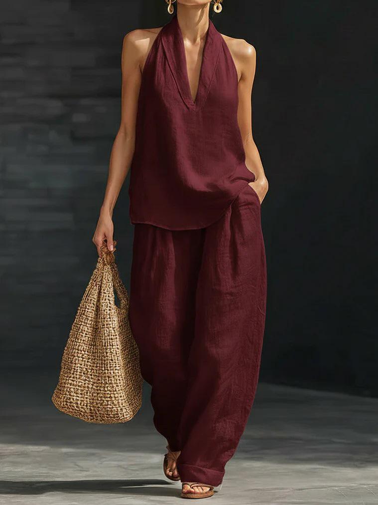 Vintage Style Women's Linen Suit: Loose V-Neck Top & Wide Leg Pants Two-Piece Set for Summer