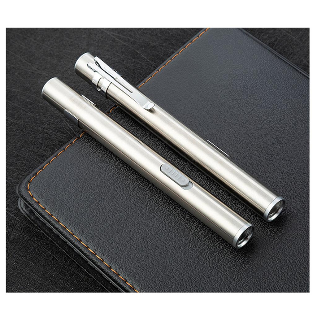 LED Flashlight USB Charging White Lighting Stainless Steel Mini Pen Type for Outdoor