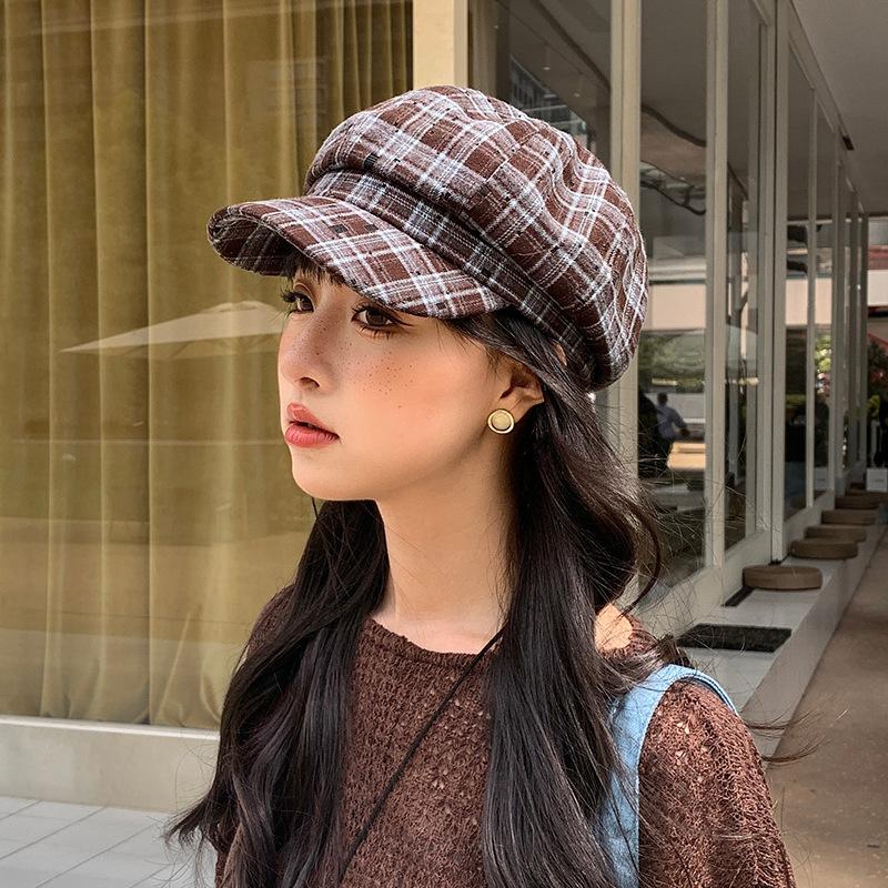 Plaid Octagonal Painter's Hat Women's Autumn and Winter Literary Retro Face Showing Small Cloud Hat Fashionable and Versatile Duck Beret