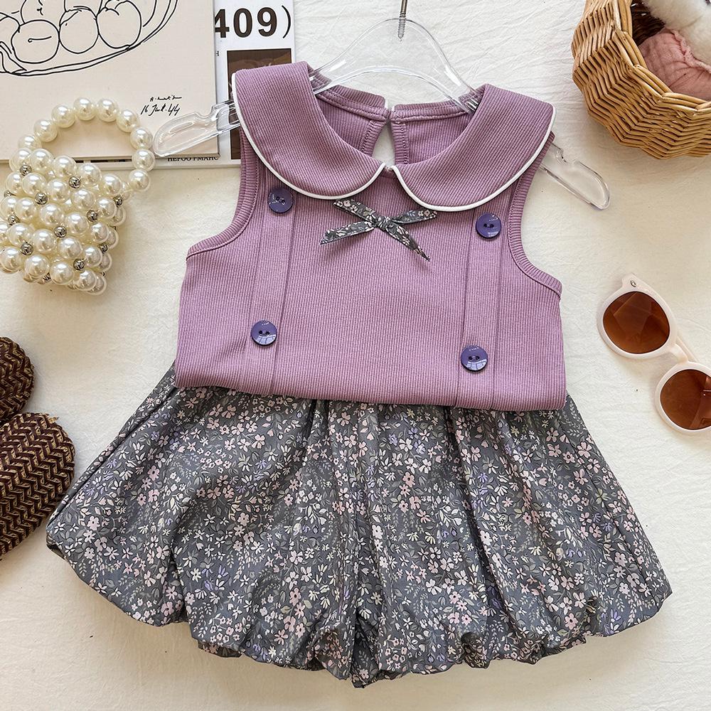 Girls Purple Ribbed Knit Vest & Floral Ruffle Shorts Set - Trendy Summer 2026 Korean Style Two-Piece Outfit 130cm