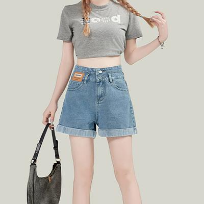 Korean Style Rolled Double Button Denim Shorts  Women New High-waist Loose Straight A-line Hot Pants Wide-leg Jeans