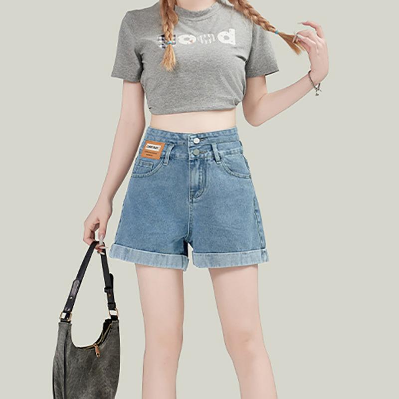 

Джинсовые шорты с отворотами на двойной пуговице в корейском стиле Женские Новые С высокой талией Свободные Прямые А-силуэта Горячие шорты Широкие джинсы XXL синий