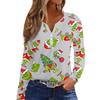 Women's Straight Shoulders Christmas Print Long Sleeve Straight Shoulders V-Neck Button T-Shirt Top