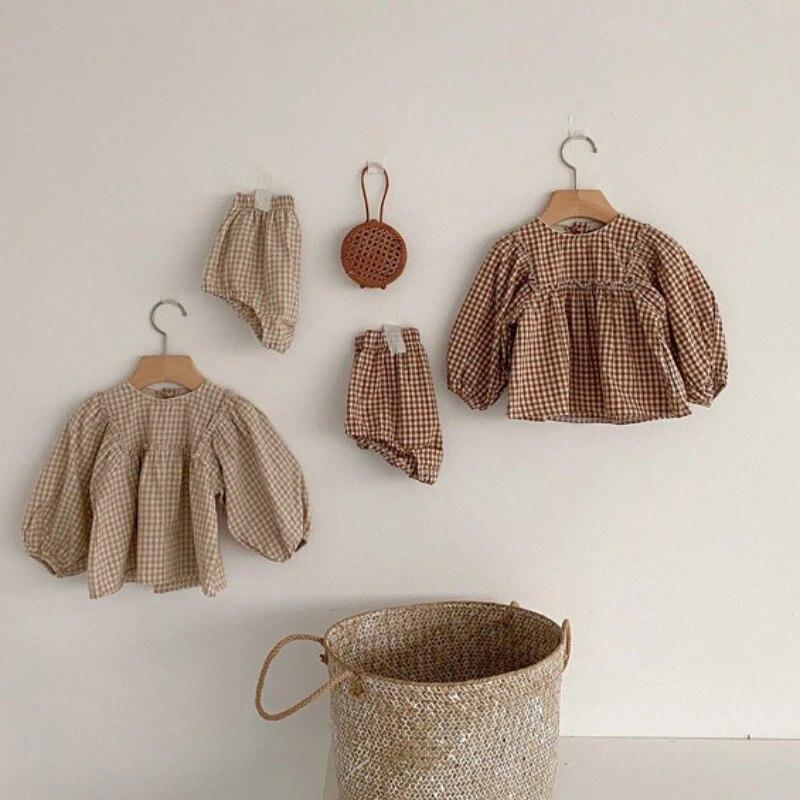 Frühlings-Set für Kleinkinder, Mädchen, Baumwolle, karierte Bluse und Shorts für Kinder