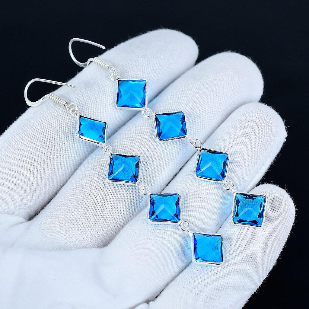 Blautopas Edelstein Ohrringe, 925 Sterling Silber Ohrringe, Handgemachte Silber Ohrringe zum Verschenken, Blautopas Hängeohrringe Neujahrsgeschenk