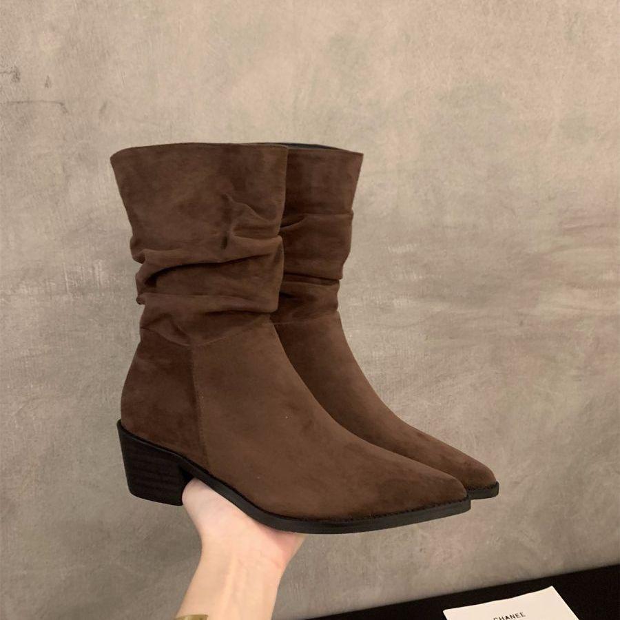 

Туфли-лодочки на высоком каблуке, замшевые, цвета хаки, тонкие, французские, короткие ботильоны, женская обувь 2025, новые ботильоны на наборном каблуке, весенне-осенние одинарные ботильоны 40