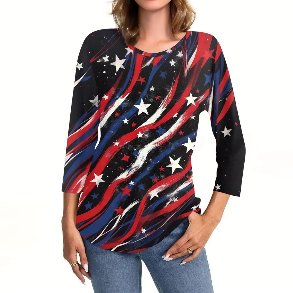 Women’s Long Sleeve Crewneck Top with Printed Star and Stripe Pattern Casual Loose Fit Pullover Shirt for Everyday Wear