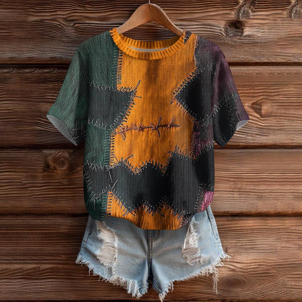 Women's Cute Sweater Knitted Fashion Casual Round-neck Short-sleeved  Cozy Print Top