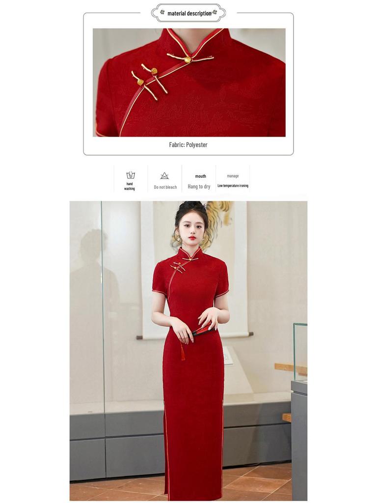 2025 Spring/Summer Red Cheongsam Long Dress - Chinese Style, Short Sleeve Performance Costume