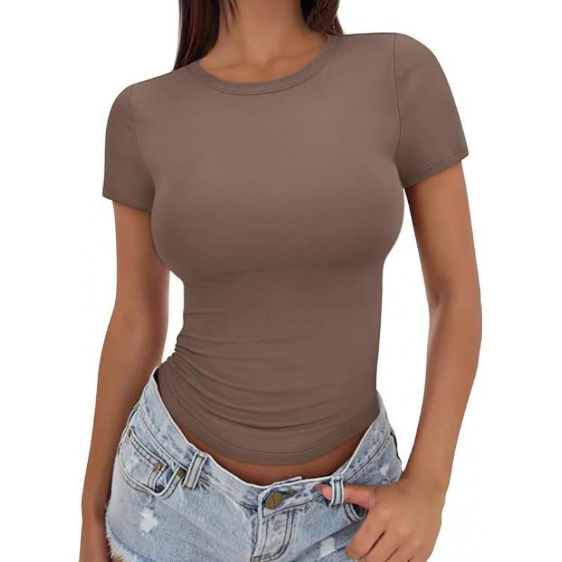 Kadın Tişörtleri Kısa Kollu Seksi Dar Kesim Üst Şekillendirici Sıkı Düz Renk Crop-Top Şık Tişört Yuvarlak Yaka Gömlek Nefes Alabilir