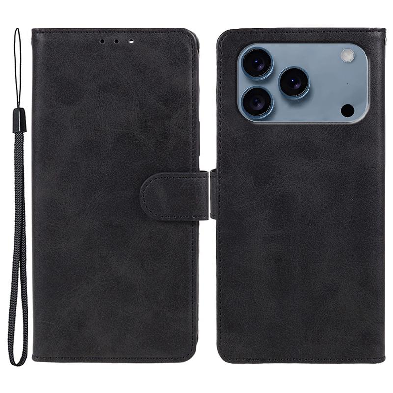 For iPhone 17 Pro Max Case Calf Texture PU Leather Wallet Phone Cover with Wrist Strap
