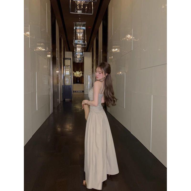 Kumikumi Gyaru Style Gray Niche Chic Pleat Hanging Neck Dress Women Summer Waist Hugging Slimming A- Line Skirt