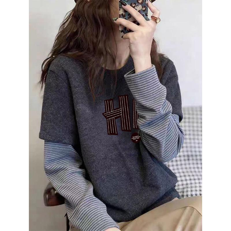 Women's Striped Long-Sleeve Velvet Layered T-Shirt - Versatile Base Layer for Spring, Autumn, Winter