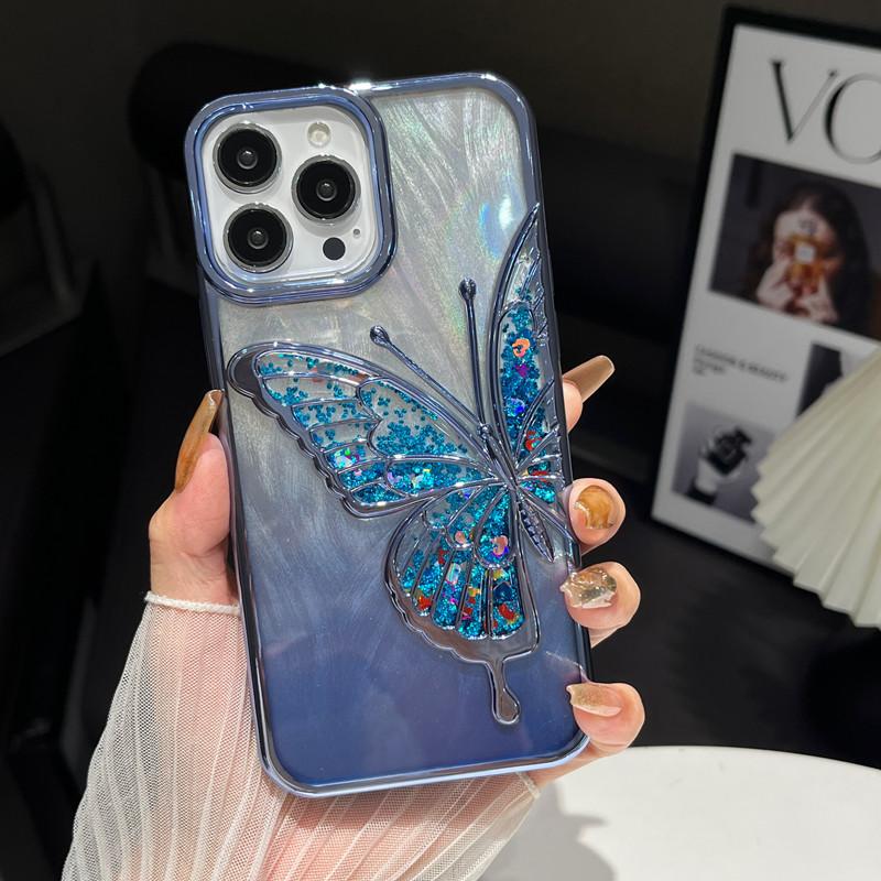 Płynny piasek Trójwymiarowy motyl Pasuje do etui na telefon komórkowy IPhone16proMax Elektroplaterowane pióro Piaskowy gradient Etui ochronne Apple 15