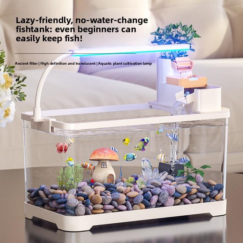 Traditional Style Fish Tank Mini Desktop Aquarium for Living Room Self-Cleaning Eco Landscape Goldfish Bowl Modern Home Decor