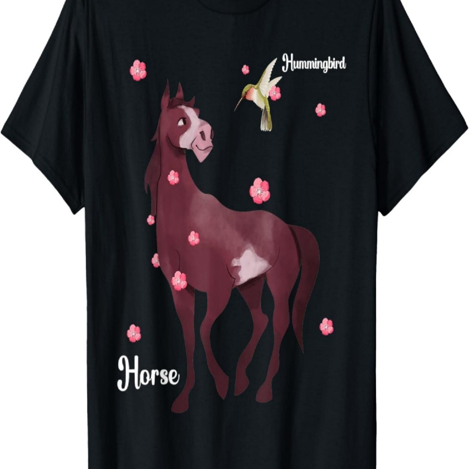 Cute Horse Art & Hummingbird Cherry Blossom Flower Present T-Shirt S чёрный
