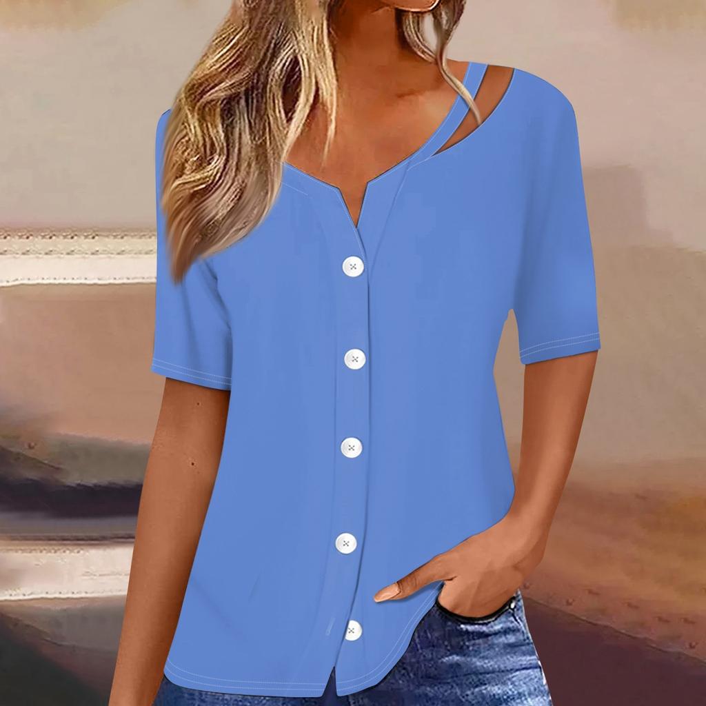 Damen T-Shirt mit Aufdruck, kurzärmelig, V-Ausschnitt, Knopfleiste, Strickjacke, T-Shirt, Top