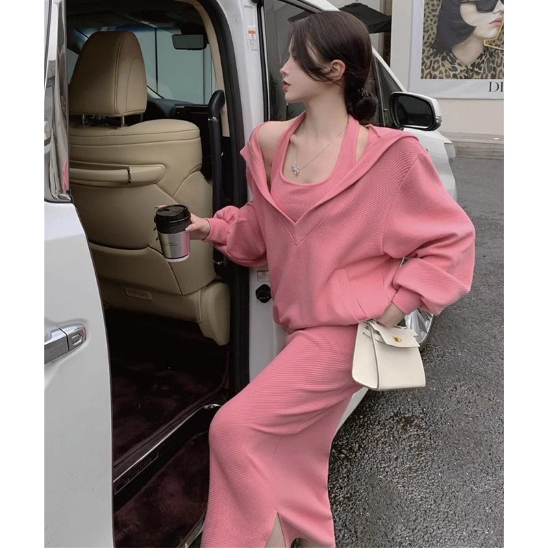 Autumn New Foreign Style Age Reduction and Thin Suit Women's Large Size Sweater Meat Covering Two-piece Set Dress Women's Clothing