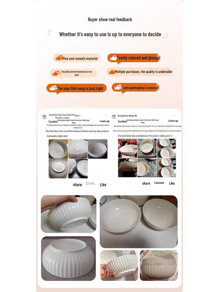 2-Piece 2025 Extra Large Ceramic Pickled Fish Soup Bowls for Household & Commercial Use