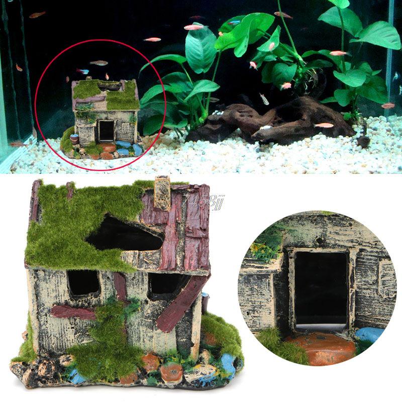 Aquarium Fish Tank Decoration: Resin Rockery Ornament Hiding House for Small Fish with Moss