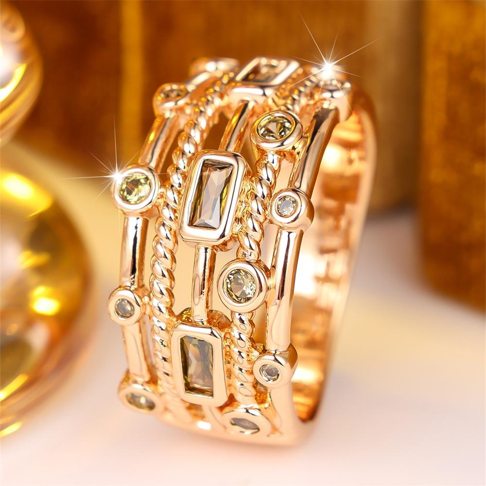 Multilayer Olive Green Crystal Geometric Zircon Rings For Women Vintage Gold Color Engagement Bands Wedding Jewelry Accessories