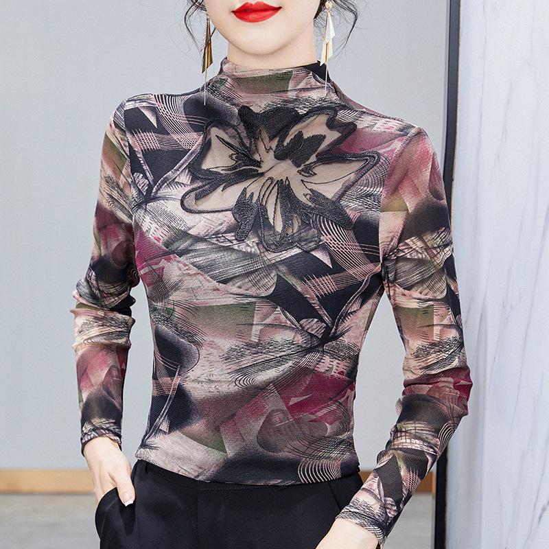 2025 Spring & Autumn Fashion Semi-High Neck Mesh Slimming Top for Moms