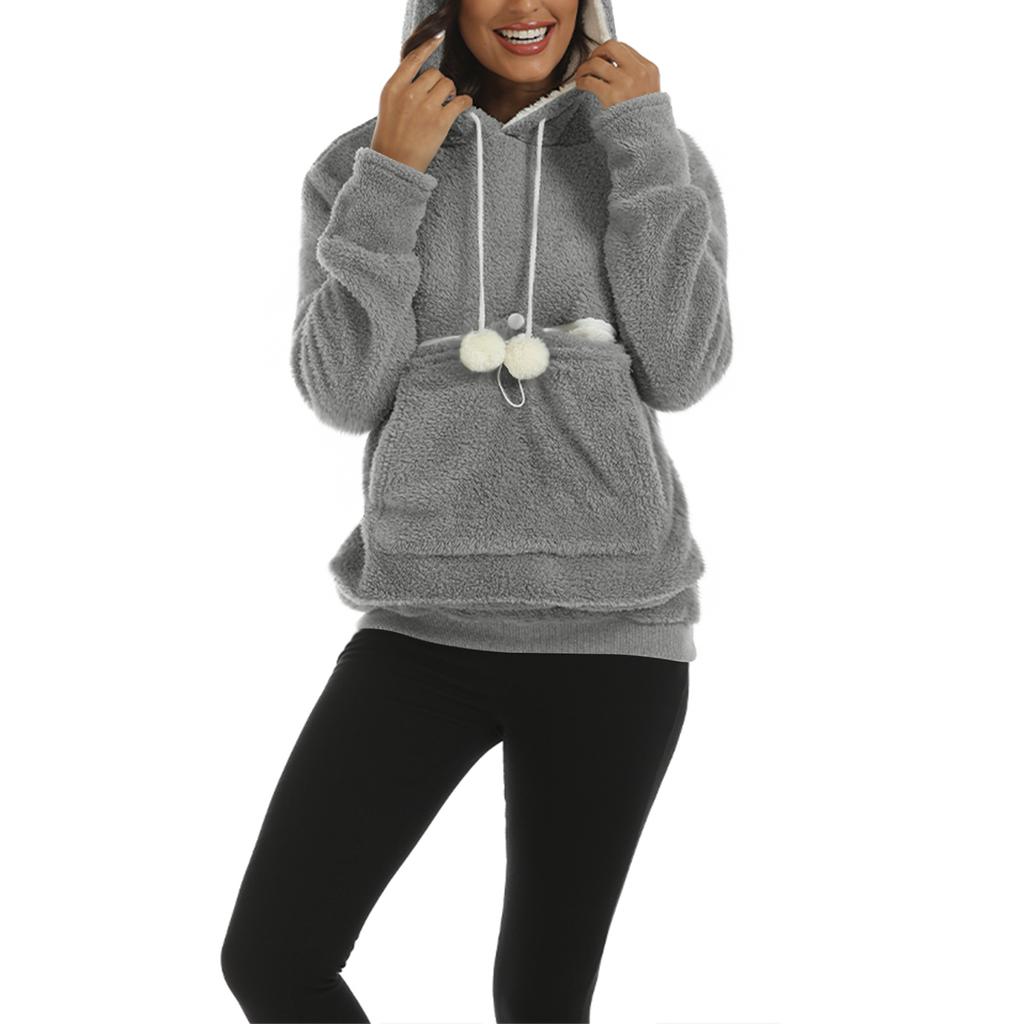 Women's Fashion Casual Top Solid Color Long Sleeve Pet Pocket Hoodie Sweatshirt