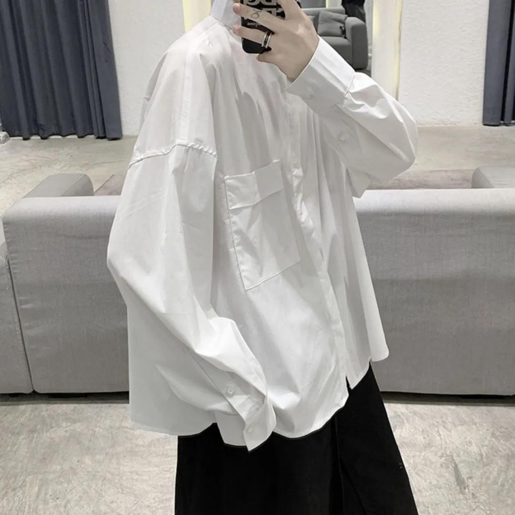 Men's Spring/Fall Solid-Color Stand-Collar Shirt Loose-Fit Buttoned Pocket Long-Sleeve Shirt