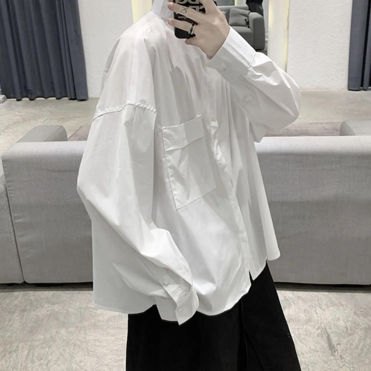 

Чоловіча весняно-осіння однотонна сорочка зі стійкою, вільний крій, кишеня на ґудзику, з довгим рукавом XXL білий