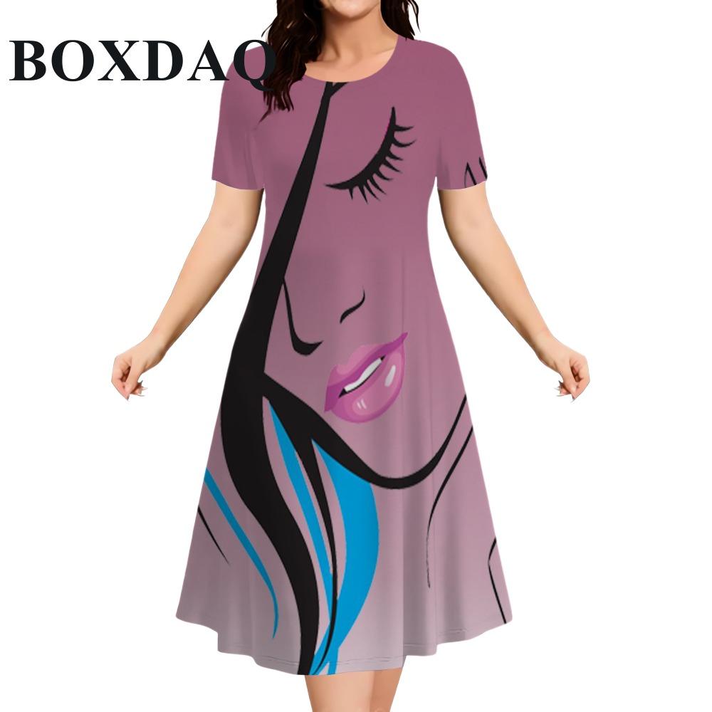 Women's Short Sleeve O-Neck Painting Face Abstract Print Dress 2026 Summer New Loose Plus Size Mini Dresses Ladies Fashion Dress