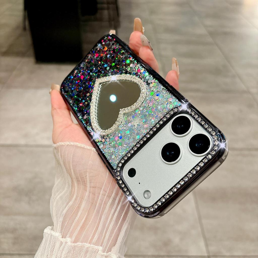Glitter Epoxy Heart Mirror Rhinestone Case for iPhone 15/16/17 Pro Max