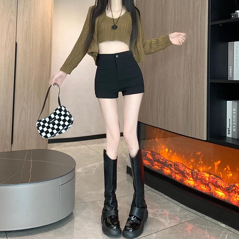 2024 New Women's High-Waisted Black Slimming Shorts: Petite Autumn/Winter Elastic Boot Shorts