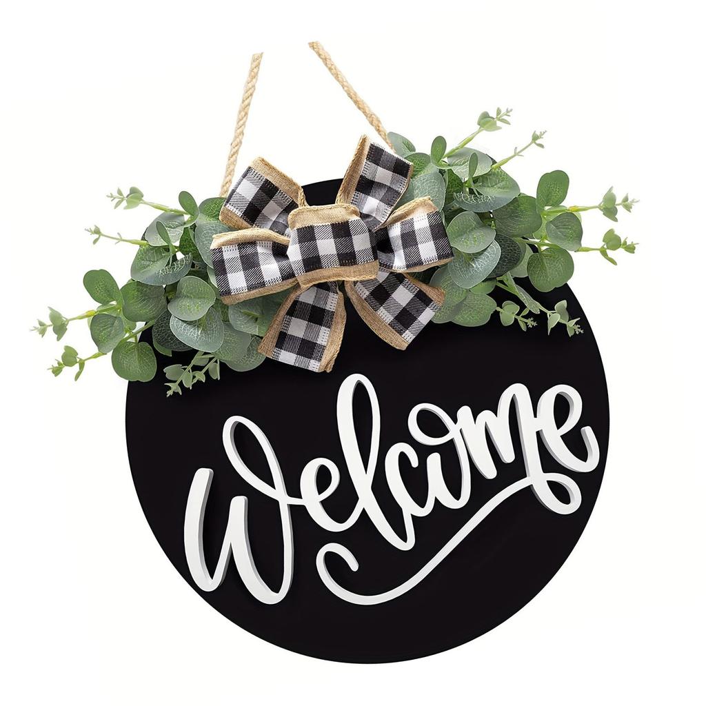 Welcome Door Sign Black Color Wreath Round Shape Hanging Welcome Doorplate for Home