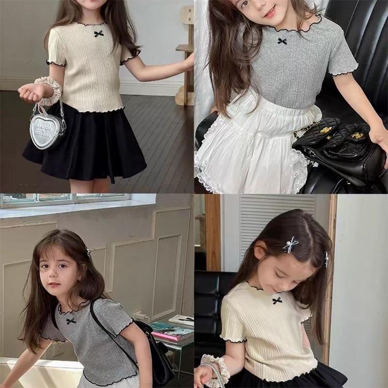1-12Y Girl's Shirts Korean-style Knitted Lace-Trimmed Short-Sleeve Summer Ruched Tops Trendy Breathable Bow Tie Versatile Tee