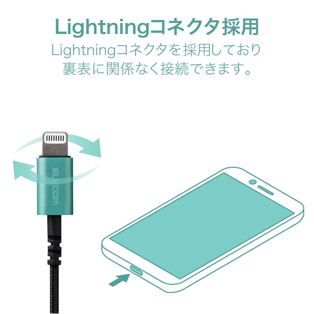 ELECOM Fast Music LFS12C Stereo Earphones, In-Ear Type, Lightning with Microphone, 10.0mm Diameter, Heavy-Duty Cable, Green, EHP-LFS12CMGR, 1.2m