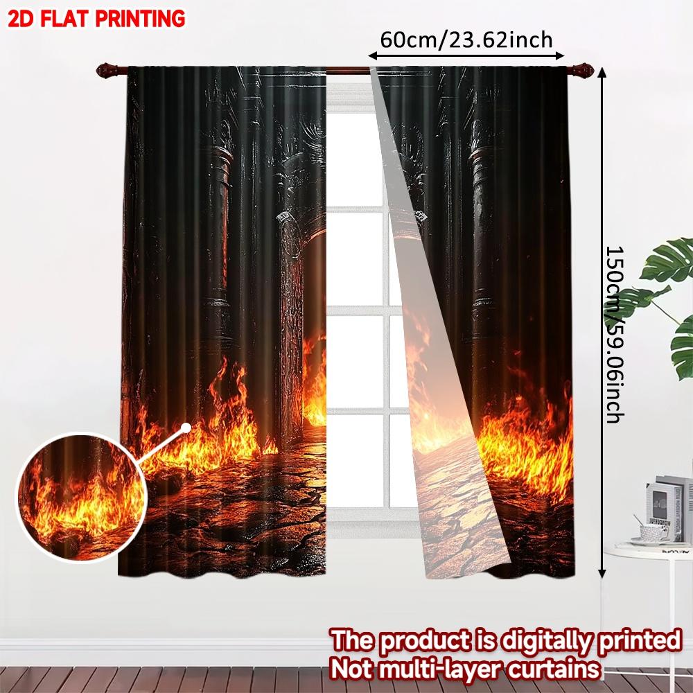 Set Of 2 Modern Realistic Flame Curtains Digital Printing Dramatic Fire Road Scene Black Background Living Room Wall Decor Curtain For Great Made