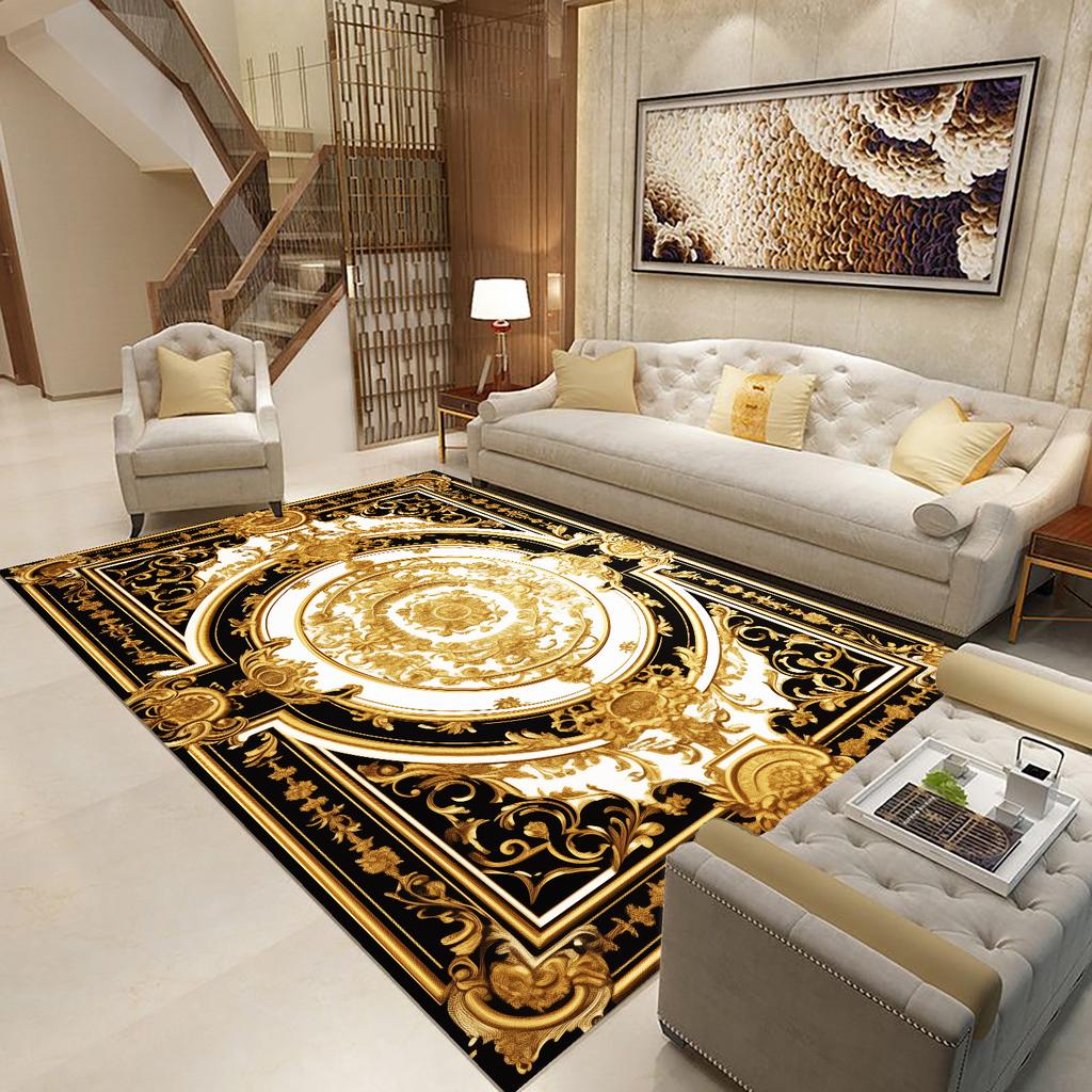 Goldener Schwarzer Teppich für Wohnzimmer Luxus Große Fläche Dekoration Bodenmatte Moderne Teppiche Rutschfest Weich Waschbar Schlafzimmer Lounge Teppich