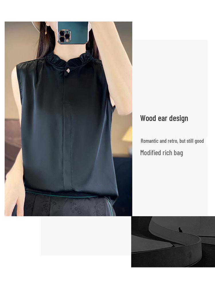 Wood Ear Lace Collar Silky Satin Sleeveless Slimming Vest for Women - Spring/Summer Temperament Shirt